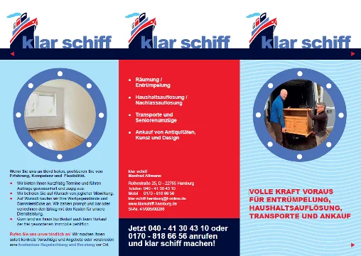 Flyer von klar schiff Haushaltsauflösung Hamburg